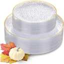 Hioasis 60pcs Clear Plastic Plates - Gold Rimmed Disposable, Hammered, Heavy-duty Dinnerware Set Suitable for 30 Guests, 10.25" Dinner & 7.5" Dessert Plates for Party & Wedding