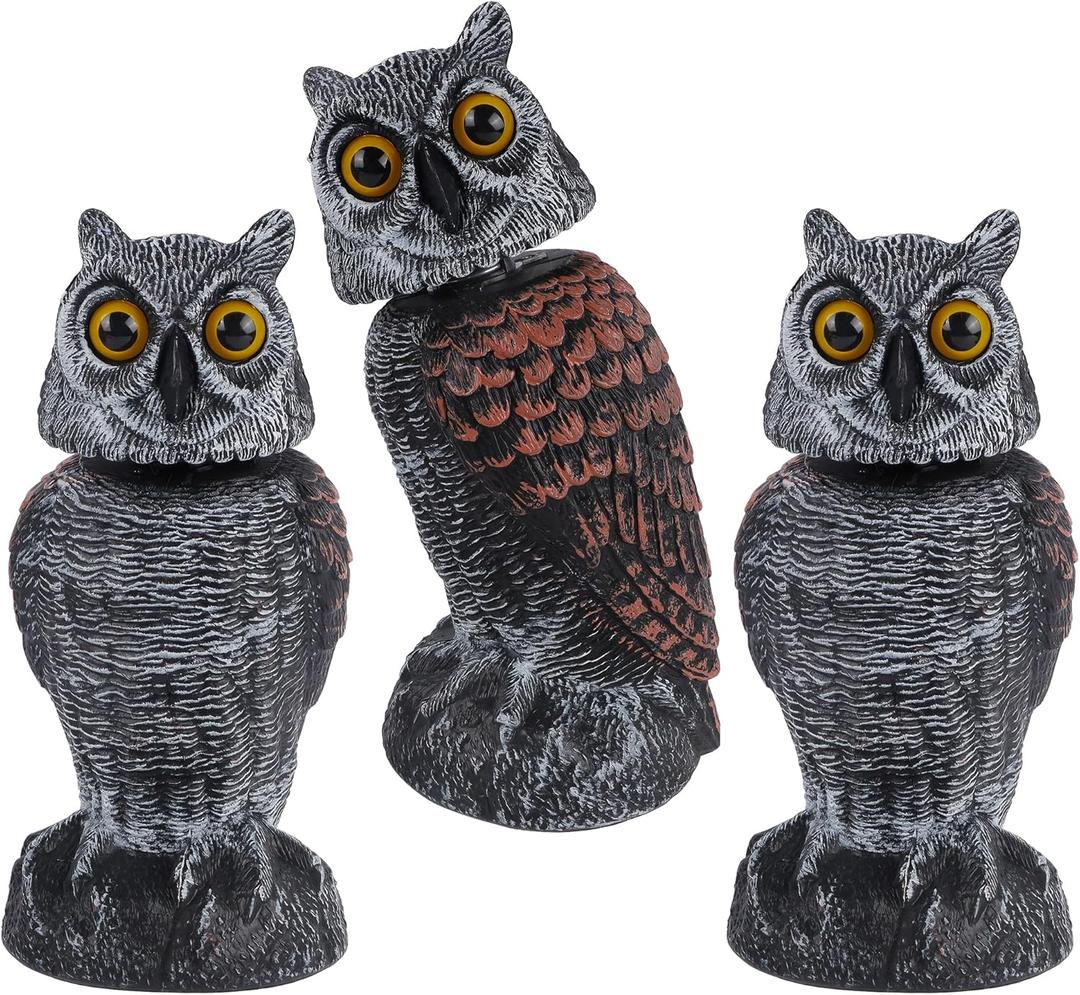 Hausse 3 Pack Bird Scarecrow Fake Owl Decoy Sculpture, Rotating Head Plastic Owl Bird Deterrents, 10.6 Inch Height Nature Enemy Horned Pest Repellent for Outdoor Garden Yard (Black)