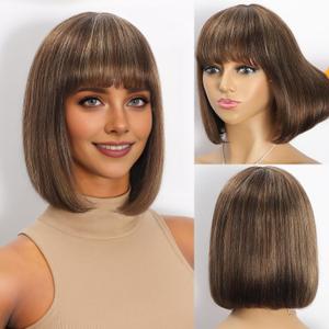 SQPLXK 4/27 Highlight Bob Wig with bangs Human Hair Glueless 2x1 HD Lace Coloured Bob Wig 180 Density Wear and Go Virgin Human Hair Machine Made Bob Wigs for Women 12 Inch
