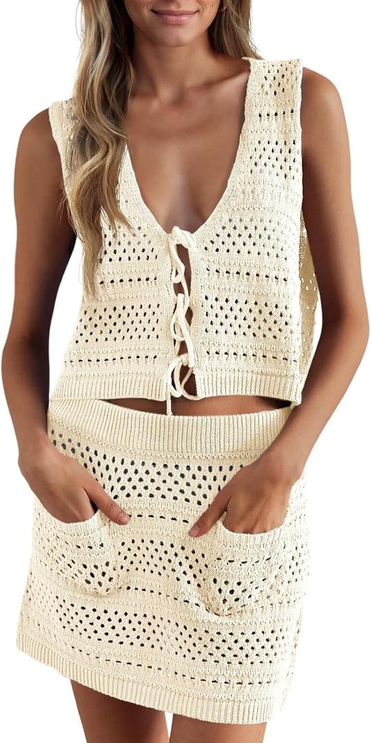Saodimallsu Womens Crochet Swim Cover Up 2 Piece V Neck Sleeveless Front Tie Crop Tops Beach Mini Skirt Coverup Set (Small, Beige)