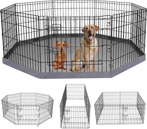 PETIME Foldable Metal Dog Exercise Pen/Pet Puppy Playpen Kennels Yard Fence Indoor/Outdoor 8 Panel 24" W x 24" H with Bottom Pad (with Bottom pad, 8 Panels 24" H)  Playpen+Bottom Pad
