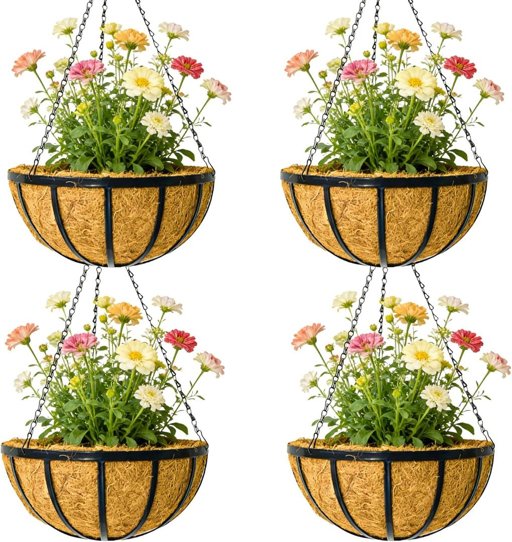 12 Inch Metal Hanging Planter Basket with Coconut Fiber Liner Hanging Plant Flower Pot for Home Garden Patio Decoration, Metal Flat Iron Pattern, 4 Pack