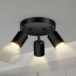 3 Light Track Lighting Fixtures Ceiling, Matte Black Round Directional Ceiling Spotlight, GU10 Flush Mount Ceiling/Wall Fixture, Adjustable Modern LED Track Light for Kitchen/Living Room, No Bulb