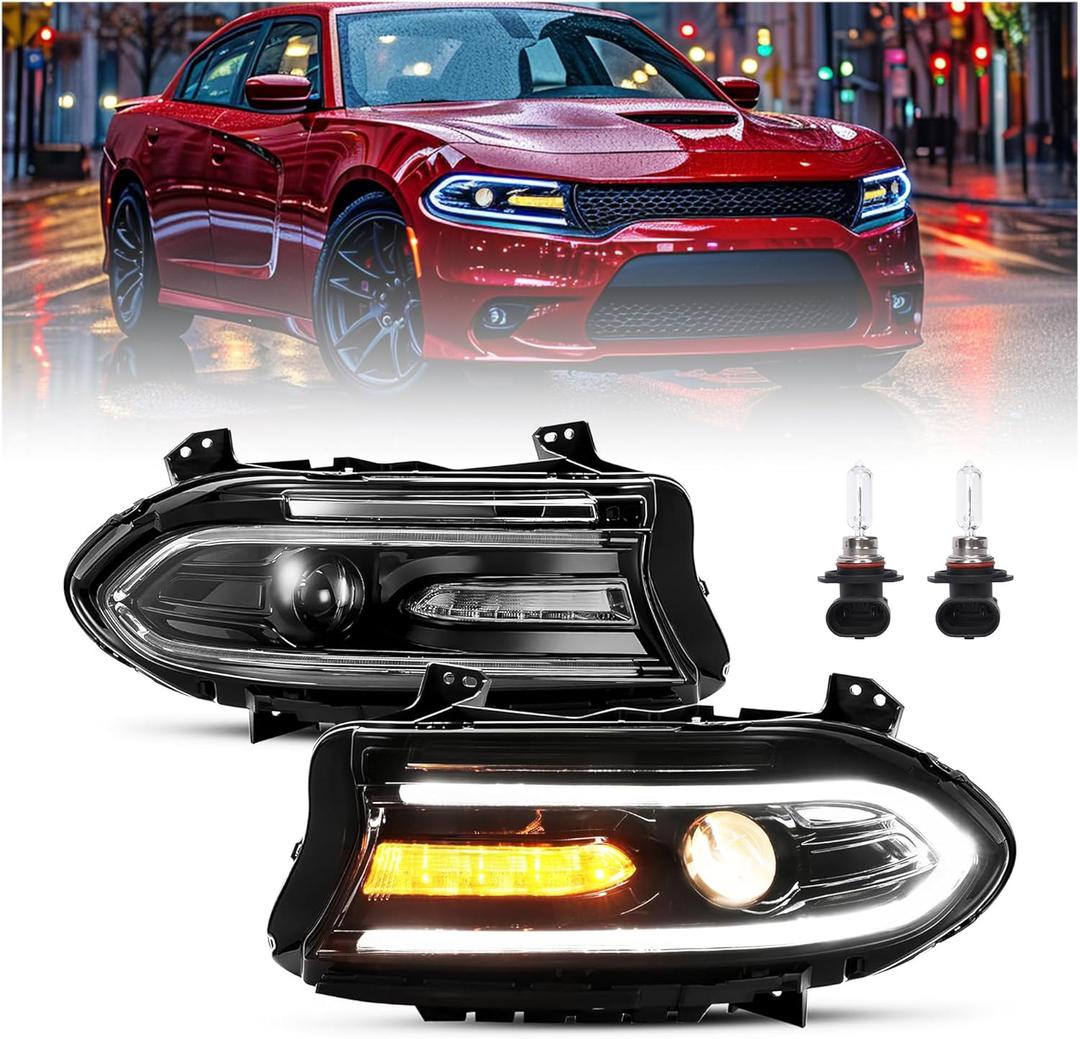 HECASA Projector Headlights Assembly w/Bulbs&LED Compatible with 2015-2023 Dodge Charger Dual LED Tube Bar DRL Headlamps Clear Lens+Black Housing Left & Right Replacement for CH2503270 CH2503271 (Pair) HECASA Projector Headlights Assembly w/Bulbs&LED Compatible with 2015-2023 Dodge Charger Dual LED Tube Bar DRL Headlamps Clear Lens+Black Housing Left & Right Replacement for CH2503270 CH2503271 (Pair)