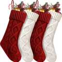 4 Pack Christmas Stockings 18 Inches Large Size Cable Knitted Stocking Gifts & Decorations for Family Holiday Xmas Party, Ivory White and Burgundy