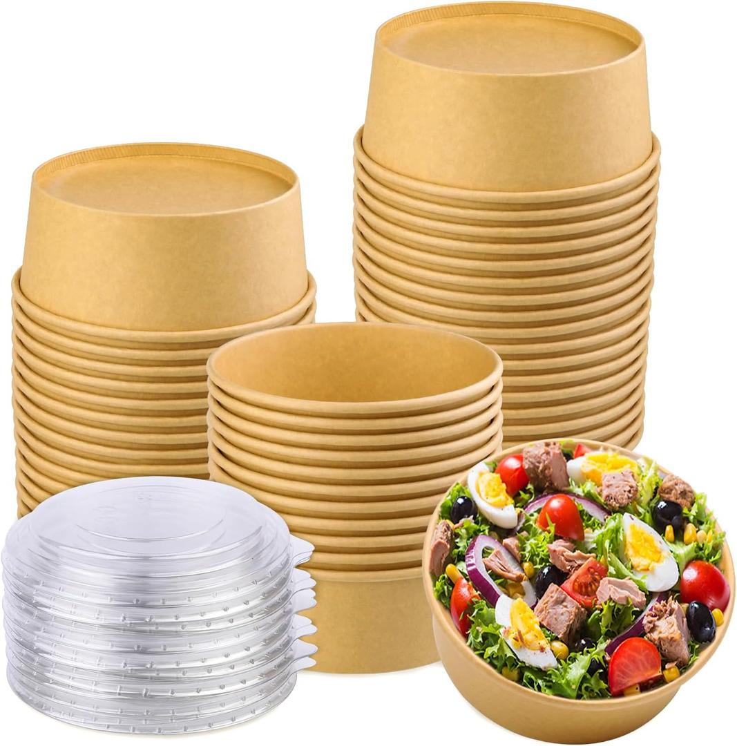 50 Pack 25 oz Kraft Paper Bowls with Lid, Paper Salad Bowls, Disposable Food Container, To Go Food Container for Party, Salad, Soup, Ice Cream