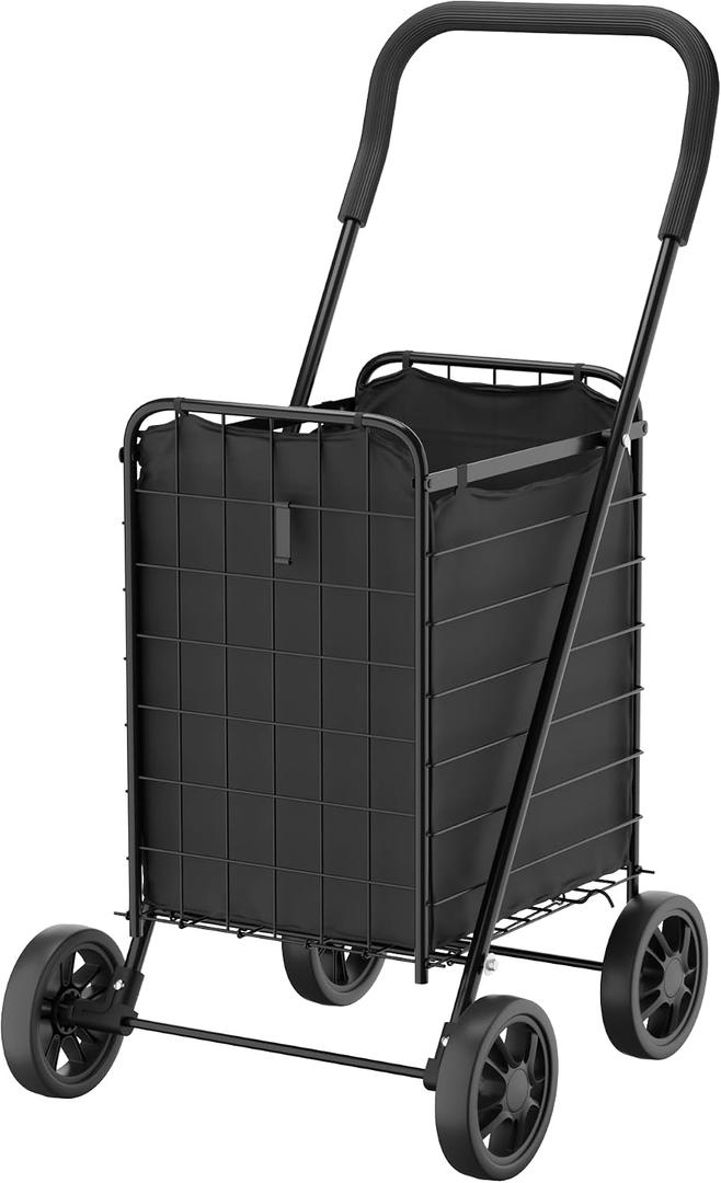 Whitmor Foldable Utility Shopping Cart with Wheels, 60Lb Capacity, Heavy Duty Grocery Cart with Steel Frame, Foam Handle, Rolling Utility Cart for Grocery, Laundry, Travel, Black/w Liner