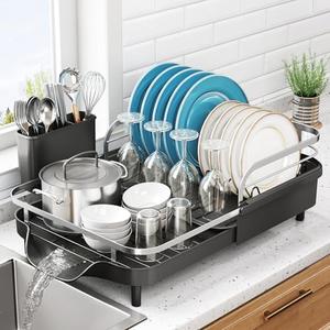 Dish Drying Rack, Expandable Dish Rack for Kitchen Counter, Stainless Steel Dish Drainer with Drainboard Set and Utensil Holder (Black)