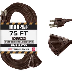 Iron Forge Cable 75ft Brown Outdoor Extension Cord with 3 Outlets - 16/3 SJTW 75ft Extension Cord 3 Prong, 10 Amp All-Weather Heavy Duty Power Cable