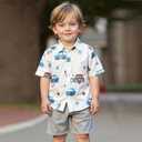 Hawaiian Shirts for Toddler Boy 2 Pieces, Summer Short Button Down Shirt and Short Cute Cartoon Prints Outfit for kid 7Y