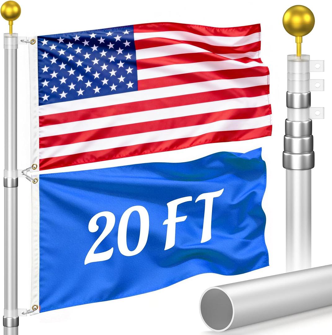 Flag Poles for Outside House Inground - Extra Thick Telescoping Flag Poles, Heavy Duty Flag Pole Kit with 3x5 American Flag (20FT, Silver)