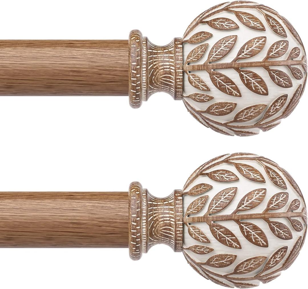 Boho Wood Curtain Rod 36-91 Inch, Decorative 1 Inch Rustic Farmhouse Window Treatment Rods, Adjustable Heavy Duty Curtain Rods for Windows with Handmade Imitation Wood Grain Leaf Finials, White Wood