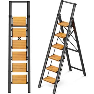 GameGem 6 Step Ladder, Aluminum Folding Step Stool with Anti-Slip Sturdy and Wide Pedal, Portable Lightweight Step Ladder with Handgrip for Indoor Outdoor Use, 330 lbs Capacity, Black Woodgrain