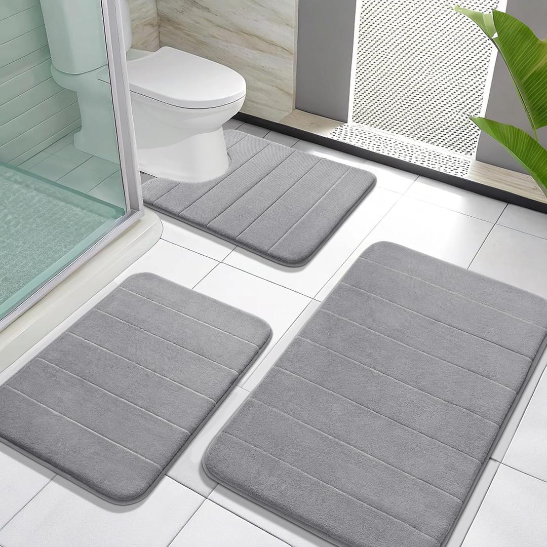 Yimobra Memory Foam Bath Mat Set 3 Pieces- Super Soft Absorbent Quick Dry Bathroom Rug Sets, Machine Washable Non Slip Floor Carpet for Tub Shower, Vanity & Toilet Base, Gray (31.5''x20'' +17''x24'' + 24''x20'', Grey)