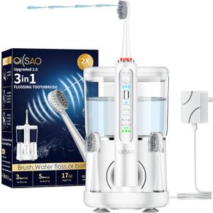 Electric Toothbrush with Water Flosser Combo in One, Professional Flossing Toothbrush for Teeth Cleaning and Flossing, Plaque Removal, Rechargeable,5 Brush Modes & 3 Flossing Speeds,500ML,White
