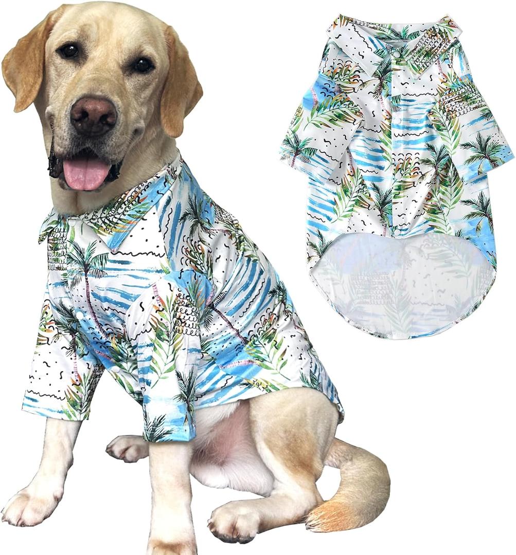 Hawaii Shirt for Dogs - Seabeach Prints Polo T-Shirt, Breathable Cool Beach Style Summer Clothes for Boys and Girls (Large, Blue)