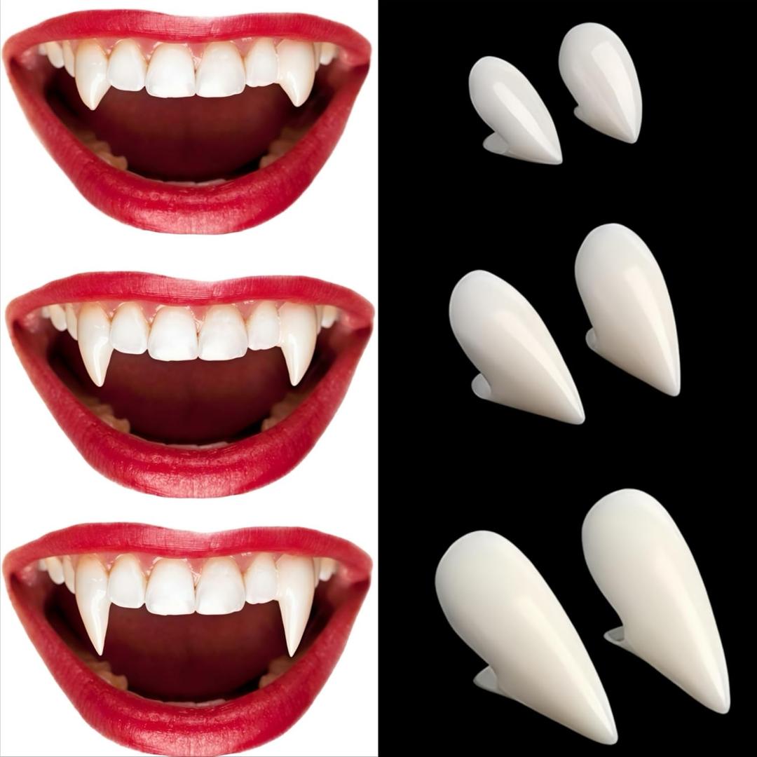 Vampire Teeth Fangs - Perfect Fit Halloween Vampire Fangs for Cosplay Adults with Adhesive, Vampire Accessories Costume Makeup Realistic Fake Fangs for Women/Men Halloween Party, 3 Sizes (Natural Off-White)