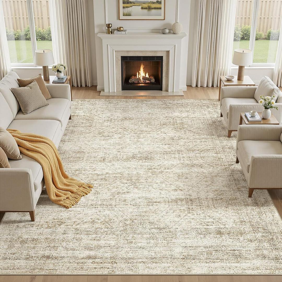 cotiled Large Area Rugs for Living Room 8x10, Machine Washable Rugs with Non Slip Backing Modern Neutral Abstract Rugs Stain Resistant Distressed Carpets for Home Office Decor (8x10 Beige/Brown)