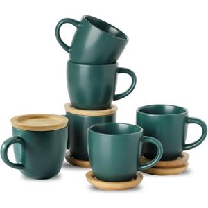 Hasense Stackable Porcelain Mini Espresso Cups and Saucers Set of 6, 4 OZ Ceramic Small Demitasse Espresso Shots Cups with Lids for Nespresso Lungo, Latte, Cafe Mocha and Tea, Green