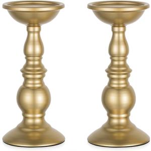 Set of 2 Gold Candlestick Metal Pillar Candle Holders, Flameless Candlestick Holders Stand Centerpieces Decoration Ideal for Weddings, Special Events, Parties