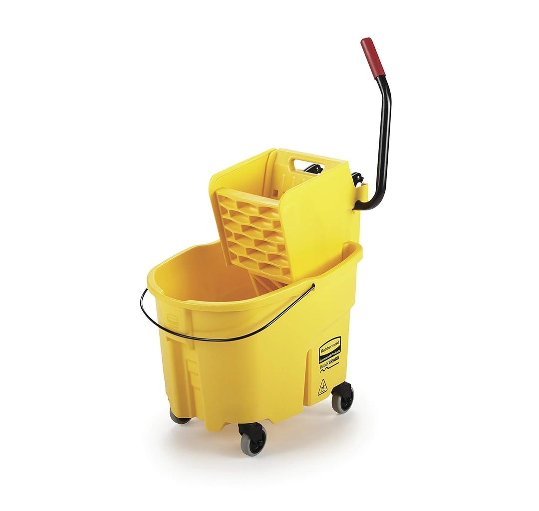 Rubbermaid Commercial Products WaveBrake 35 Qt. Side-Press Mop Bucket and Wringer Combo on Wheels Yellow for Professional/Industrial/Business Heavy-Duty Floor Cleaning/Mopping