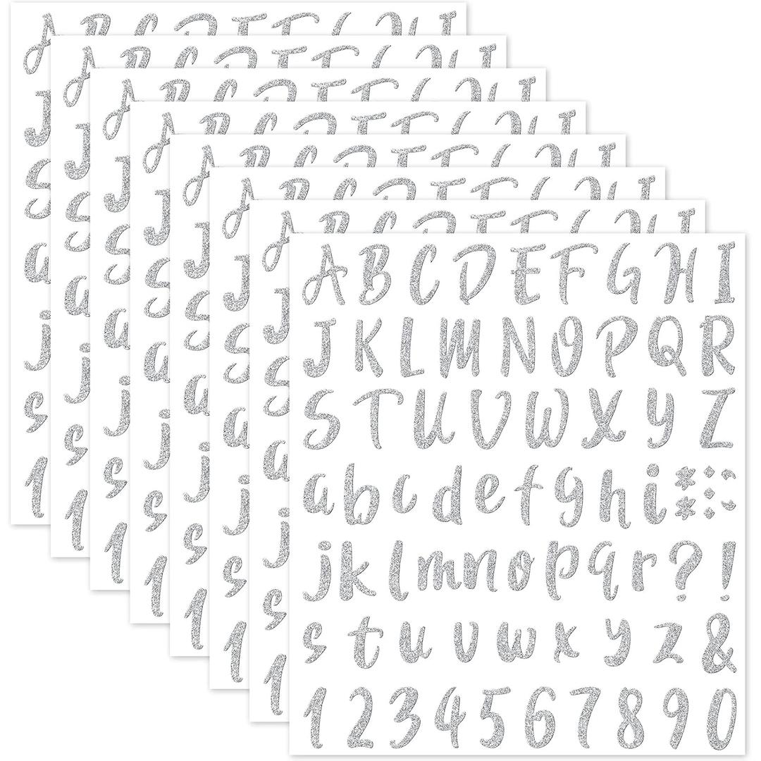 Outus 576 Pcs 8 Sheets Glitter Letters Stickers Self Adhesive Vinyl Letter Alphabet Number Stickers Mailbox Numbers Sticker, Decals for Classroom Decor, Sign, Door(1 Inch,Silver)