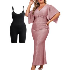 ZOMVA Plus Size Maxi Sparkly Dress Formal Evening Gown Cocktail Prom Glitter V-Neck Wrap Handkerchief Sleeves (Dusty Rose & Shapewear), 4XL
