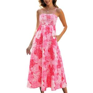 Gardenwed Women's Floral Print Maxi Dress,Spaghetti Strap Smocked Bodice A-Line Sundress with Pockets (Pink, M)