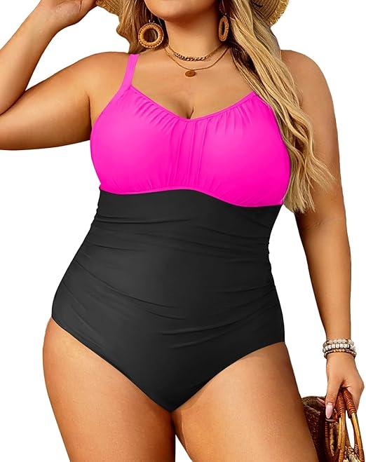 Aqua Eve Plus Size Swimsuit for Women Tummy Control One Piece Bathing Suit Vintage Swimwear Black and Pink, Size 20W