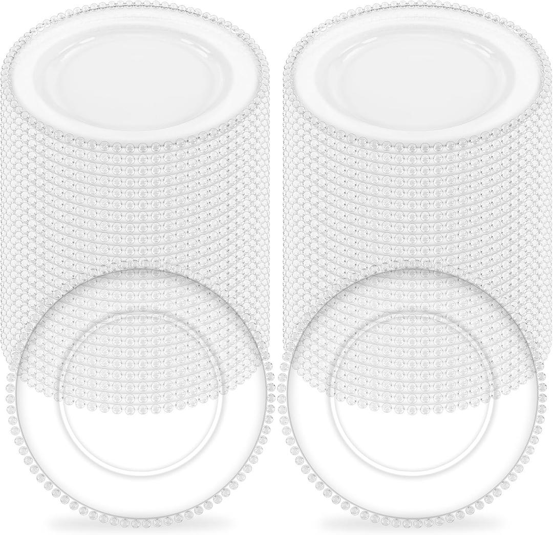 50Pcs Clear Charger Plates Bulk Wedding - 13" Premium Clear Plastic Chargers with Beaded RimTransparent Decorative Dinner Charger Plates for Events & Parties