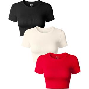 OQQ Women's 3 Piece Crop Tops Crew Neck Shorts Sleeve Stretch Fitted Shirts Crop Tops (Small, Black, Red, Beige)