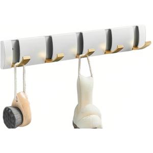 Foldable Stylish Modern Hook Rack with 5 Hooks, Coat Hooks Wall Mount, Metal Coat Hook Rail for Coat Hat Towel Purse Robes Mudroom Bathroom Entryway (White and Gold)
