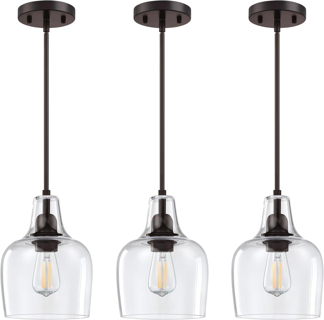 3 Pack 1 Light Hanging Rod Indoor Kitchen Island Pendant Ceiling Light 6.1" Clear Glass Shade Fixture,Oil Rubbed Bronze Finish Modern Farmhouse Dinning Over Sink