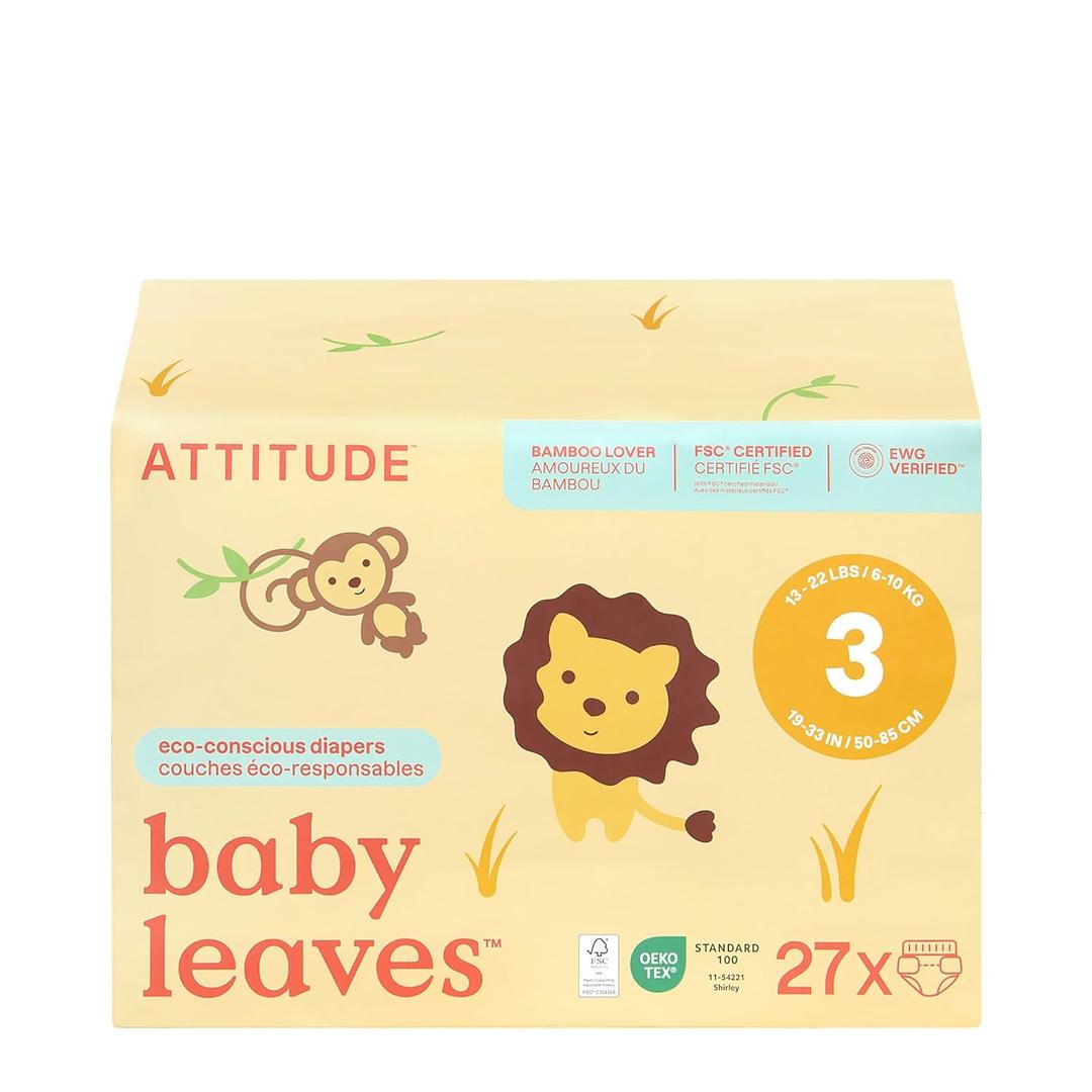ATTITUDE Eco-Conscious Disposable Diapers, EWG Verified, Size 3 (13-22 lbs), Ultra Absorbent for Baby, Vegan & Plant-Based, 27 Count