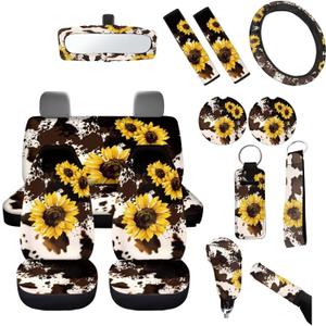 14Pcs Car Seat Covers Full Set, Polyester, Universal Fit, Car, Truck, SUV, Van, Automotive Interior Sets, Car Accessories, Car Seat Cover Set, Yellow (Brown Cow and Sunflowers)