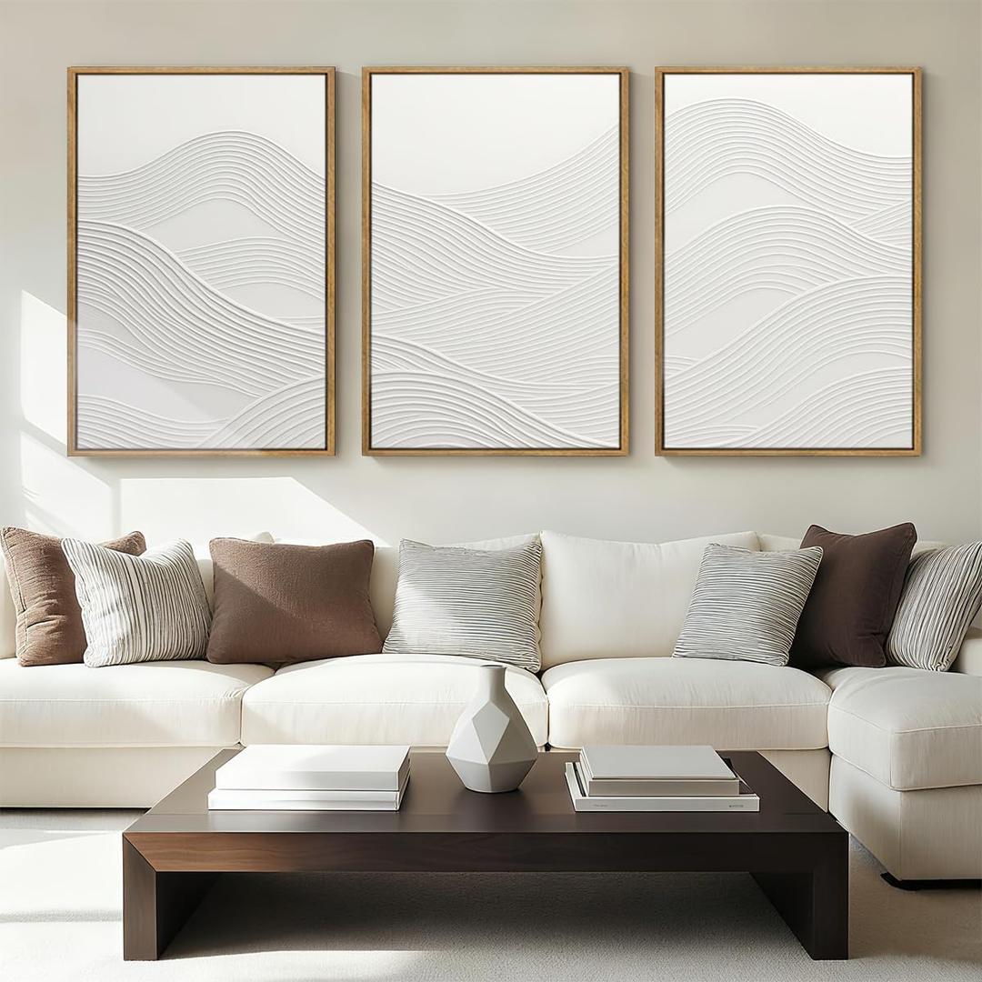 Anyzal Extra Large Framed White Textured Wall Art 24x36 Inch Neutral Abstract Modern Canvas Wall Decor Minimalist Waves Artwork for Living room Dining room Bedroom Set of 3