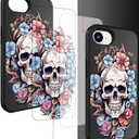 Compatible for iPhone 16e & 17e Case with Card Holder Cute - Kawaii Design Military-Grade Drop Protection Rugged Wallet Cases for Women (Black Skull Floral)