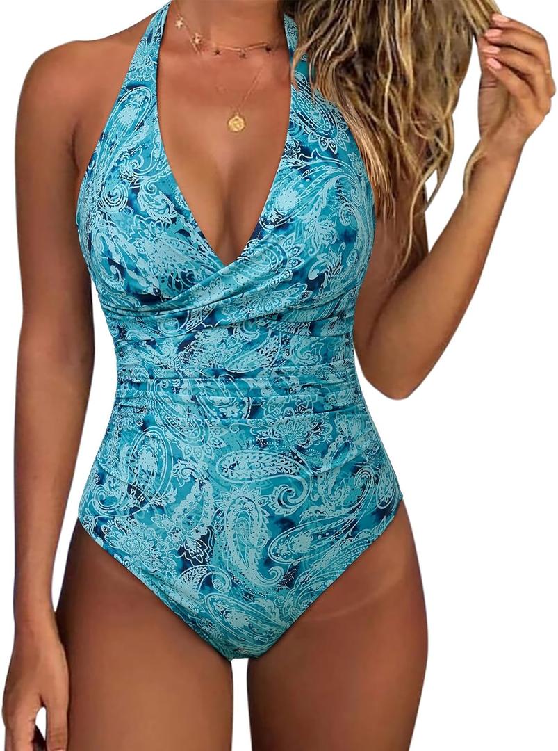 SUUKSESS Women Sexy Tummy Control One Piece Swimsuits Halter Push Up Bathing Suits (Large, #1 Blue Paisley)