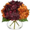 Hollyone Fall Hydrangea Artificial Flowers for Decoration with Glass Vase Dark Red Orange Autumn Silk Faux Flower Arrangements with Faux Water Fake Bouquet Table Centerpiece Fall Decorations for Home