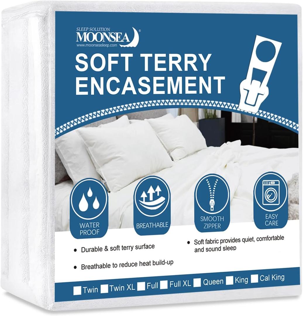 Moonsea Queen Mattress Protector Zippered (10/11/12/13/14 Inchs), Soft Terry Surface Mattress Encasement, 6-Side Waterproof Mattress Cover for Kids, Well Zipper, Noiseless, for Queen Mattress 60 * 80