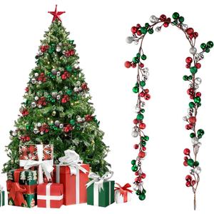 Jenaai 6 Ft Christmas Ball Garland Ornaments Bauble Garland, Red Green Silver Bulb Balls Xmas Tree Shatterproof Hanging Decoration for Fireplace Home Office Stair Holiday Decor