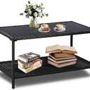 2-Tier All Weather Rattan Wicker Outdoor Coffee Side Table with Glass Top, 36" x 20" x 18.5"