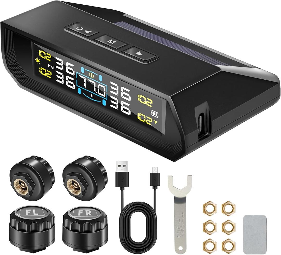 Solar RV TPMS Tire Pressure Monitoring System 4 External Sensors + Solar & USB Dual Power, 0-9.9BAR/0-144 PSI, Color LCD Monitor, 6 Alram Modes, Real-Time TP for RV/Trailer/Truck
