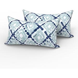 LVTXIII 2 Pack Outdoor Lumbar Pillows 12x20 Inch with White Piping, Fade Resistant Support Throw Pillows with Inserts for Patio Furniture, Sofa, Chair, Boho Geometry Blue