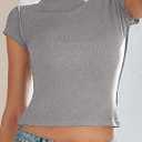 Kate Kasin Womens Ribbed Crop Top, Mock Neck Cap Sleeve Shirt with Raw Seam, Super Soft Stretchy Y2K Going Out Tops (Gray, M)
