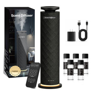Waterless Scent Diffuser Starter Kit with 5 Oils, Luxury Hotel Style Cold Air Diffuser Oil Machine for Home, 1000 Sq Ft Coverage, Quiet Nebulizing Aromatherapy with Remote, Tower Fabric Design, Black