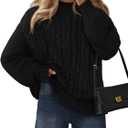 MEROKEETY Womens Fall Cable Knit Sweaters 2025 Long Lantern Sleeve Crewneck Chunky Loose Pullover Tops Winter Clothes (Black, S)