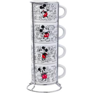 Silver Buffalo Disney Mickey Mouse Vintage Sketches Art 4pc Stackable Ceramic Espresso Small Cup Set, 3 Ounces