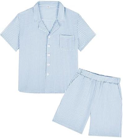 KEYWANTS Boys Summer Textured Outfit Beach Short Sleeve Button Down Shirts and Shorts 2 Piece Vacation Clothing Set for Kids 8Y