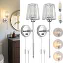 Crystal Wall Sconces Set of 2, Dimmable Wall Sconce with Plug in Cord and Dimmer Chrome Plug in Wall Lamp Wall Mounted Light with Crystal Shade for Living Room Bedroom Vanity Light, Bulbs Included